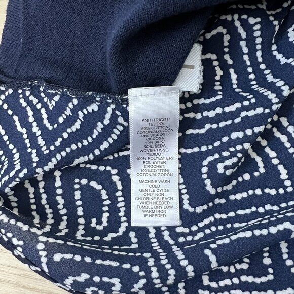 LOFT Blouse Size Small Navy Blue Mixed Media Print Silk Blend Skirted Hem 70288 - Picture 6 of 9